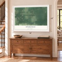Jolmaville, Wisconsin map, 24 x 36 inch print in a white frame above a dresser by a staircase