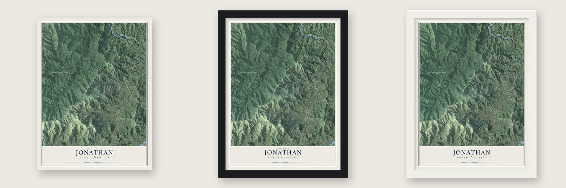 Jonathan, North Carolina map unframed, in a black wood frame and in a white wood frame