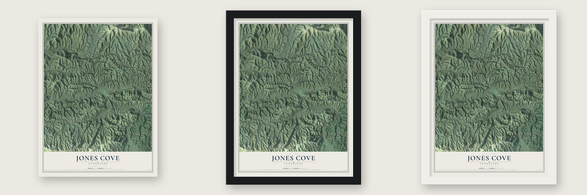 Jones Cove, Tennessee map unframed, in a black wood frame and in a white wood frame