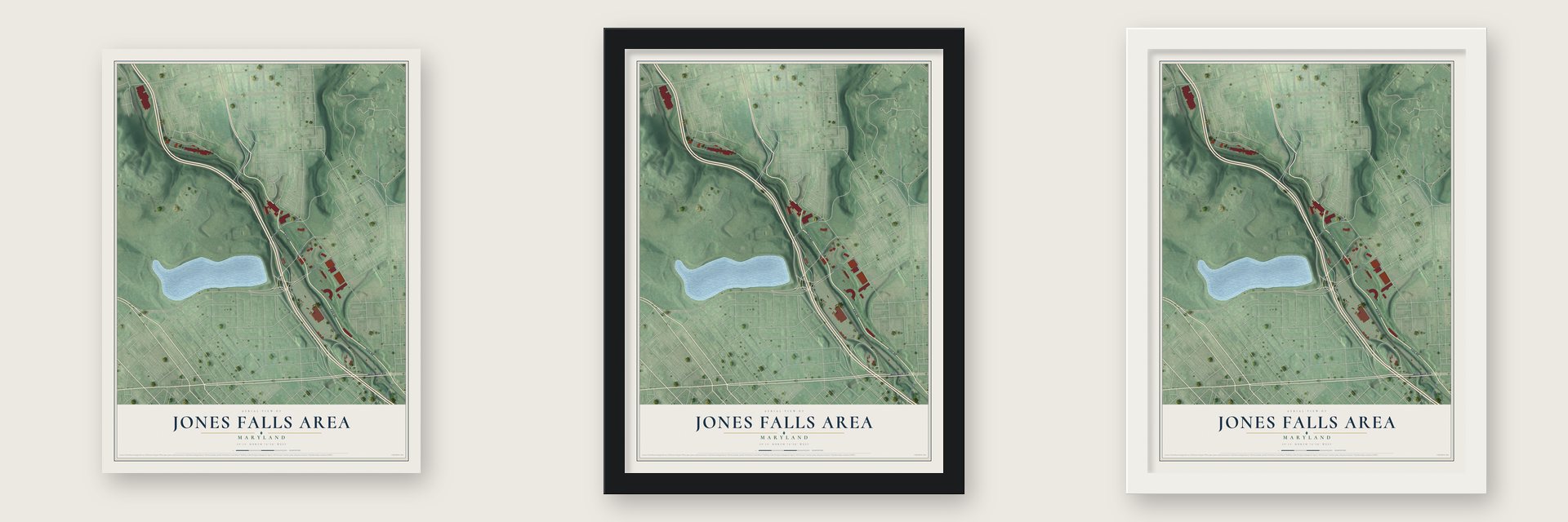Jones Falls Area, Maryland map unframed, in a black wood frame and in a white wood frame