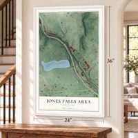 Jones Falls Area, Maryland map, 24 x 36 inch print in a white frame by a staircase
