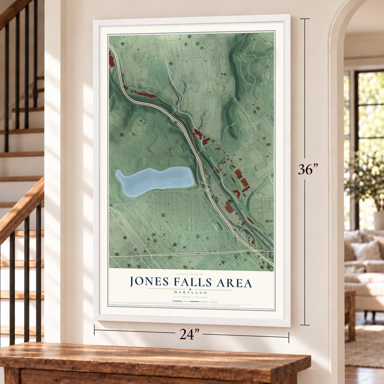Jones Falls Area, Maryland map, 24 x 36 inch print in a white frame by a staircase