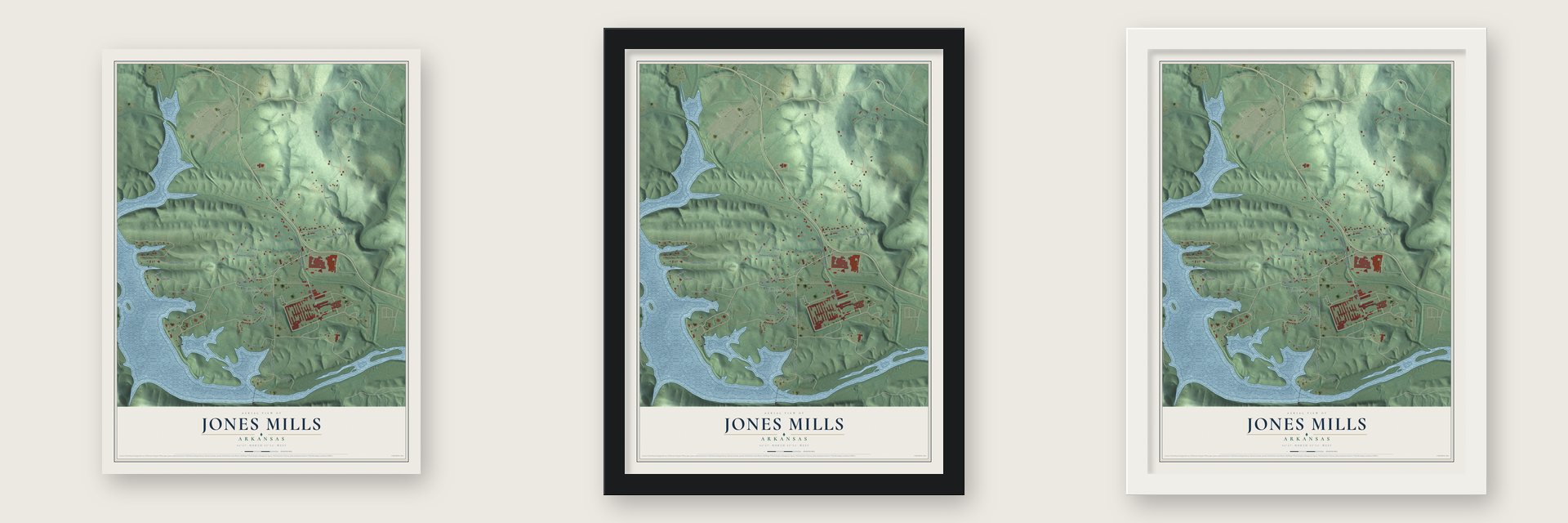 Jones Mills, Arkansas map unframed, in a black wood frame and in a white wood frame