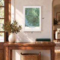 Jones Mills, Arkansas map, 12 x 18 inch print in a white frame in an entryway