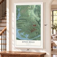 Jones Mills, Arkansas map, 24 x 36 inch print in a white frame by a staircase