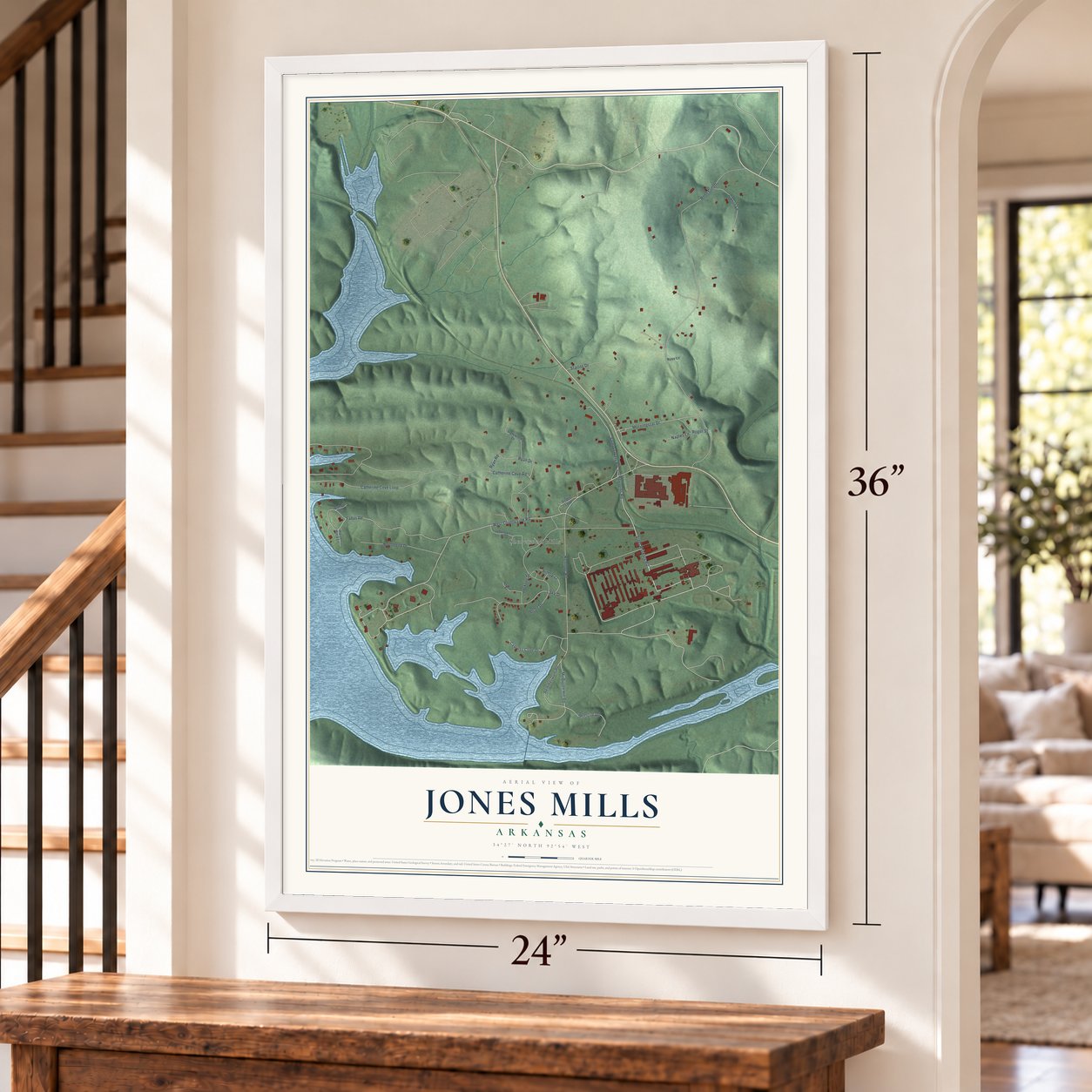 Jones Mills, Arkansas map, 24 x 36 inch print in a white frame by a staircase
