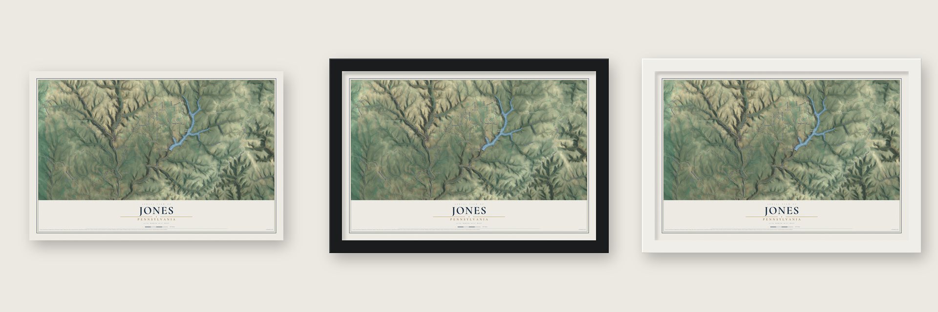 Jones, Pennsylvania map unframed, in a black wood frame and in a white wood frame
