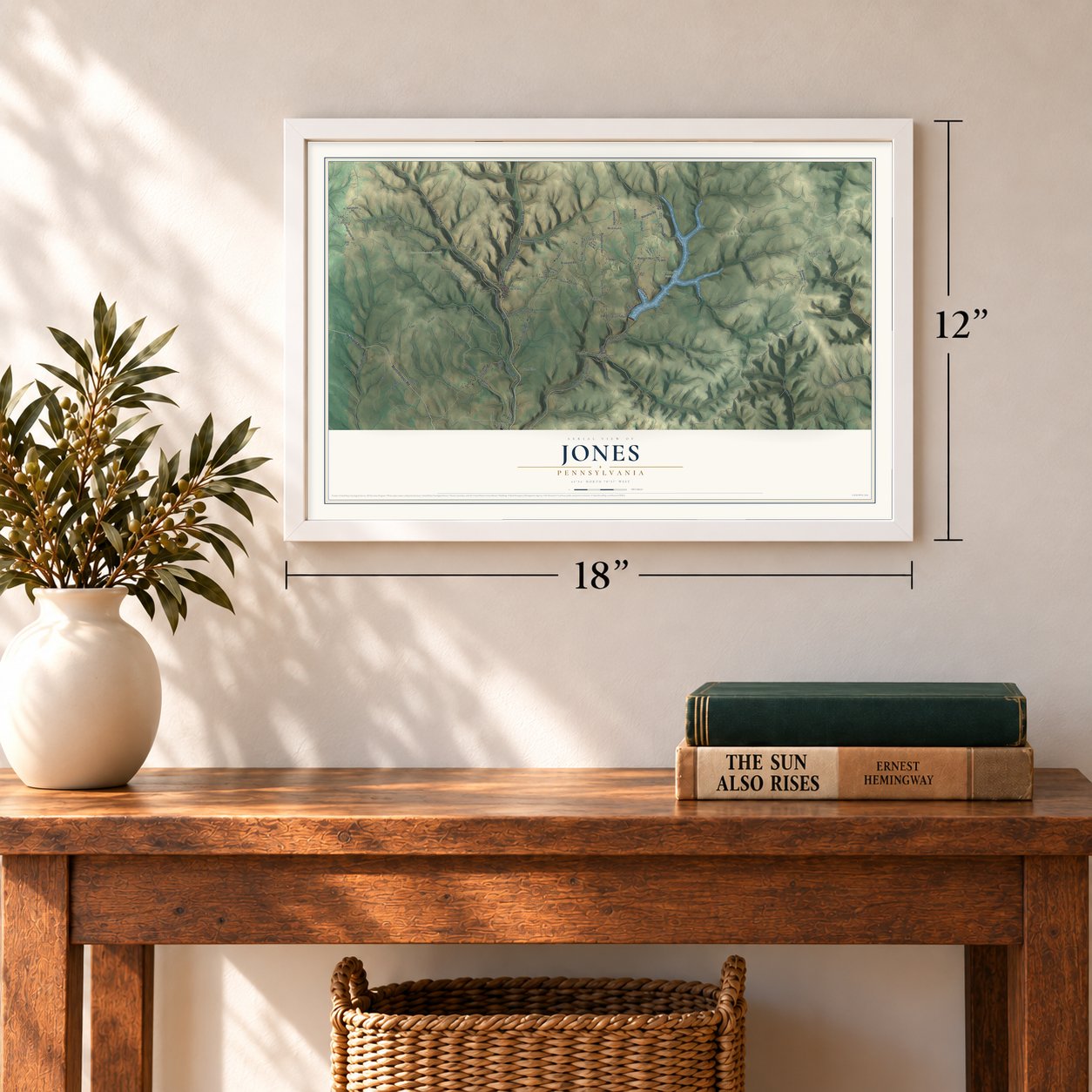 Jones, Pennsylvania map, 12 x 18 inch print in a white frame in an entryway