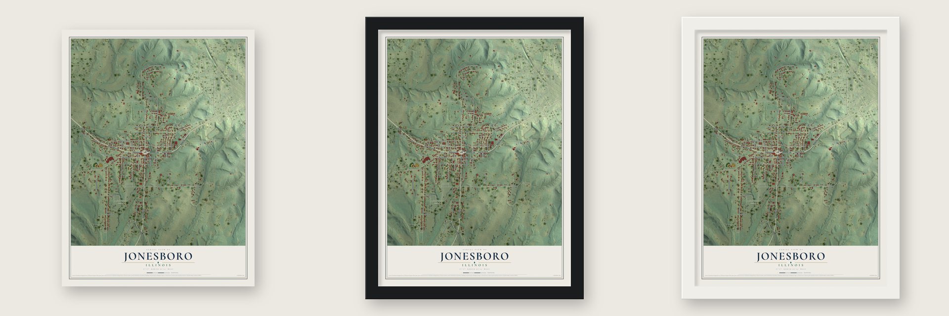 Jonesboro, Illinois map unframed, in a black wood frame and in a white wood frame