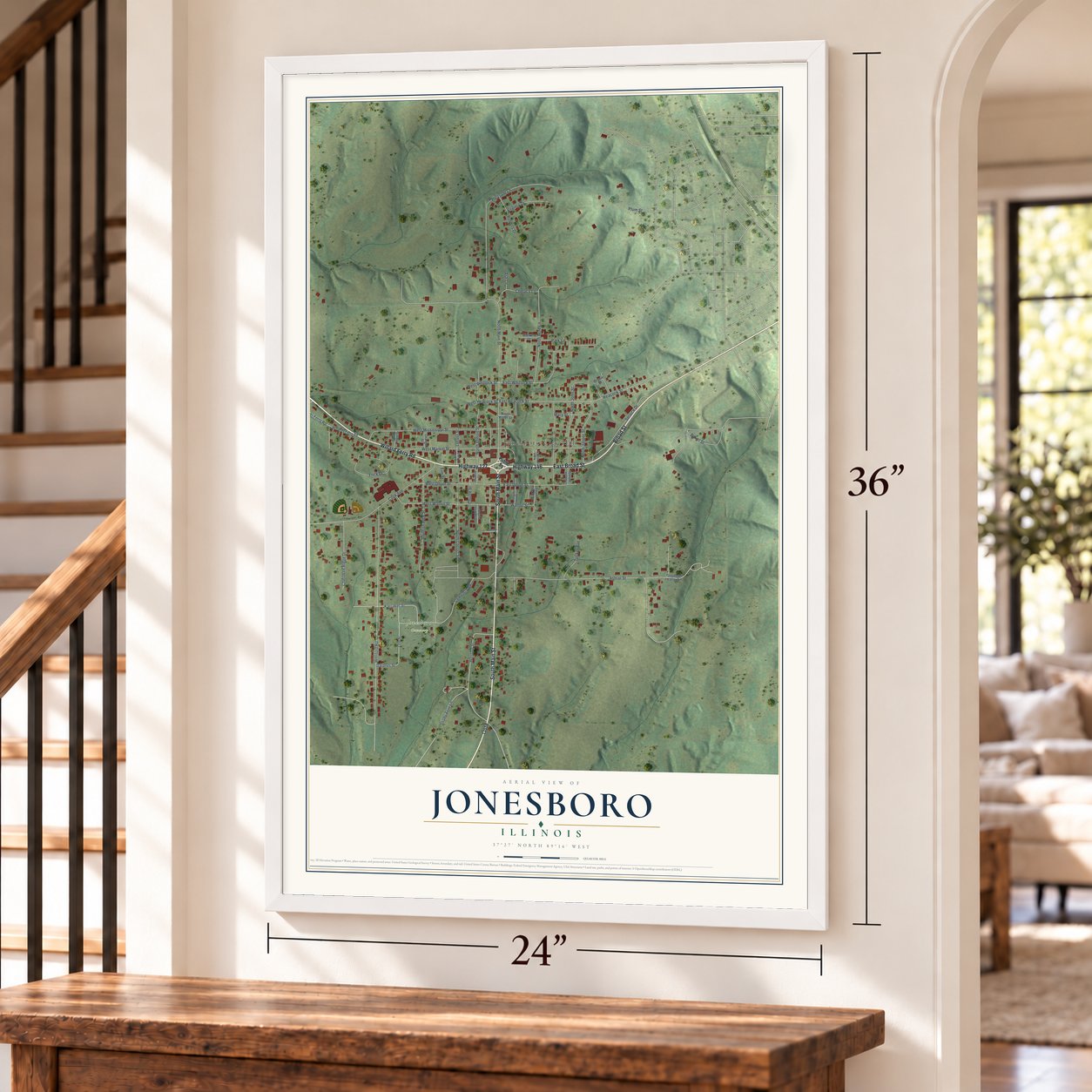Jonesboro, Illinois map, 24 x 36 inch print in a white frame by a staircase