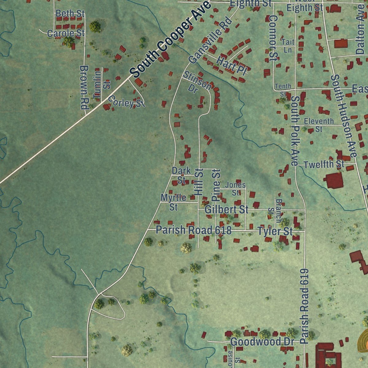 Second close-up of the map of Jonesboro, Louisiana print showing more streets and buildings