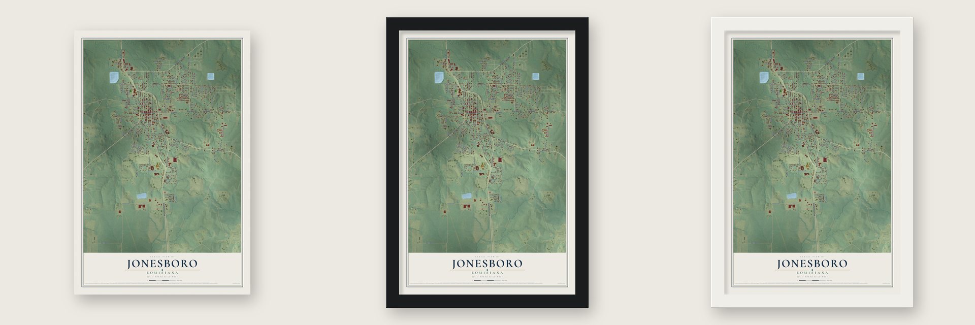 Jonesboro, Louisiana map unframed, in a black wood frame and in a white wood frame