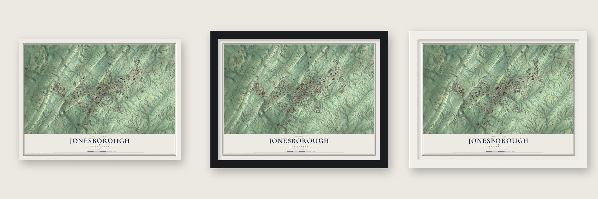 Jonesborough, Tennessee map unframed, in a black wood frame and in a white wood frame