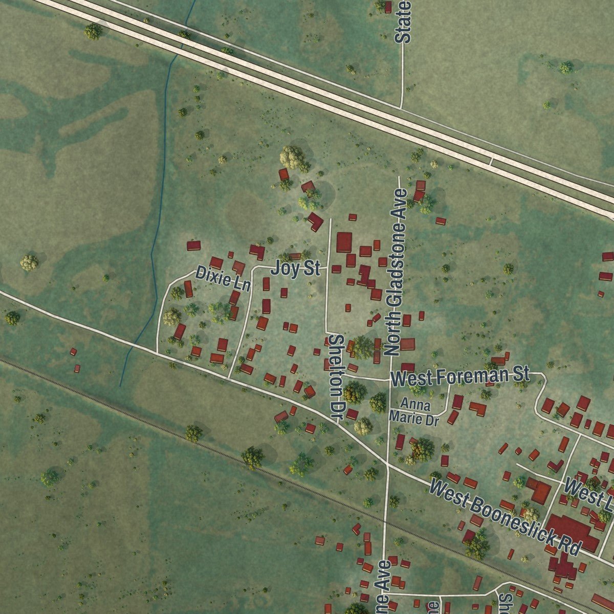 Second close-up of the map of Jonesburg, Missouri print showing more streets and buildings
