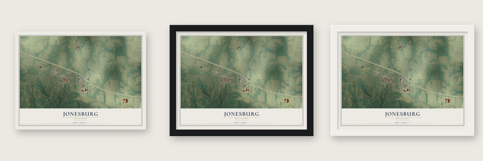 Jonesburg, Missouri map unframed, in a black wood frame and in a white wood frame