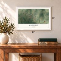 Jonesburg, Missouri map, 12 x 18 inch print in a white frame in an entryway