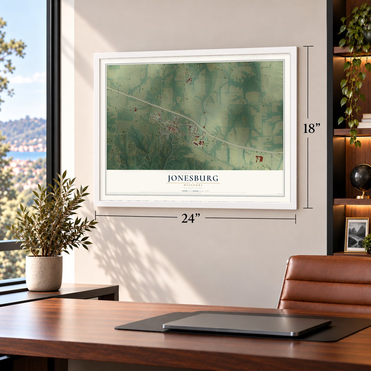 Jonesburg, Missouri map, 18 x 24 inch print in a white frame in a home office