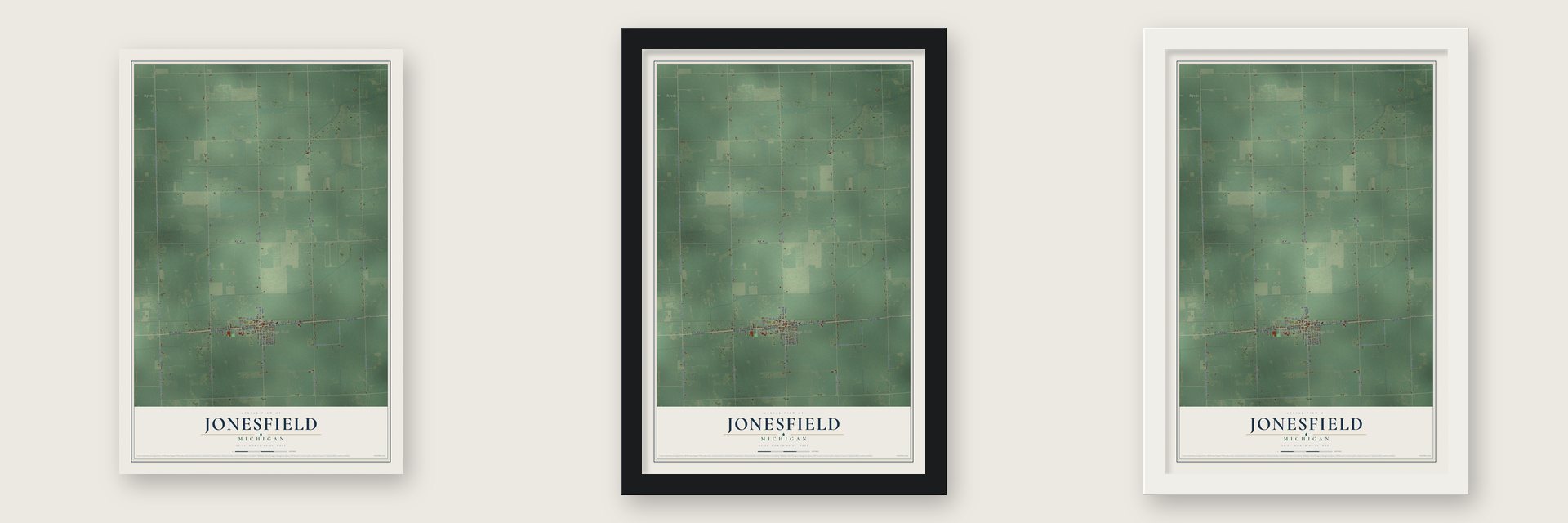 Jonesfield, Michigan map unframed, in a black wood frame and in a white wood frame