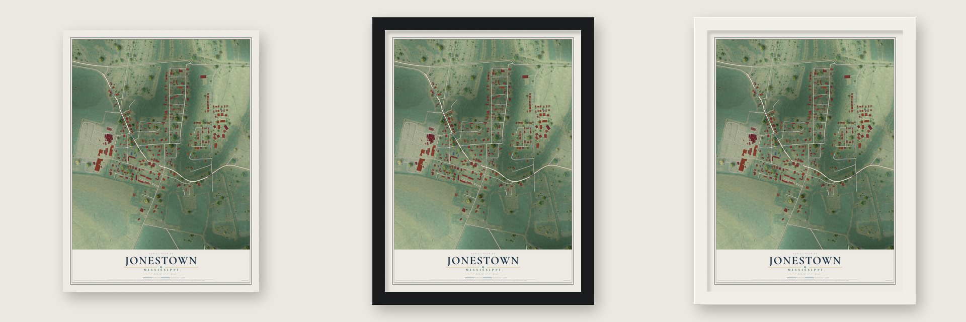 Jonestown, Mississippi map unframed, in a black wood frame and in a white wood frame