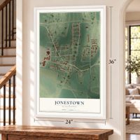 Jonestown, Mississippi map, 24 x 36 inch print in a white frame by a staircase
