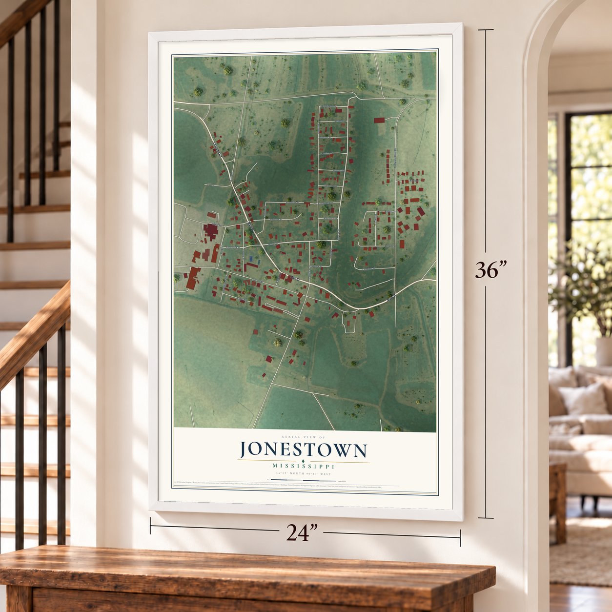Jonestown, Mississippi map, 24 x 36 inch print in a white frame by a staircase