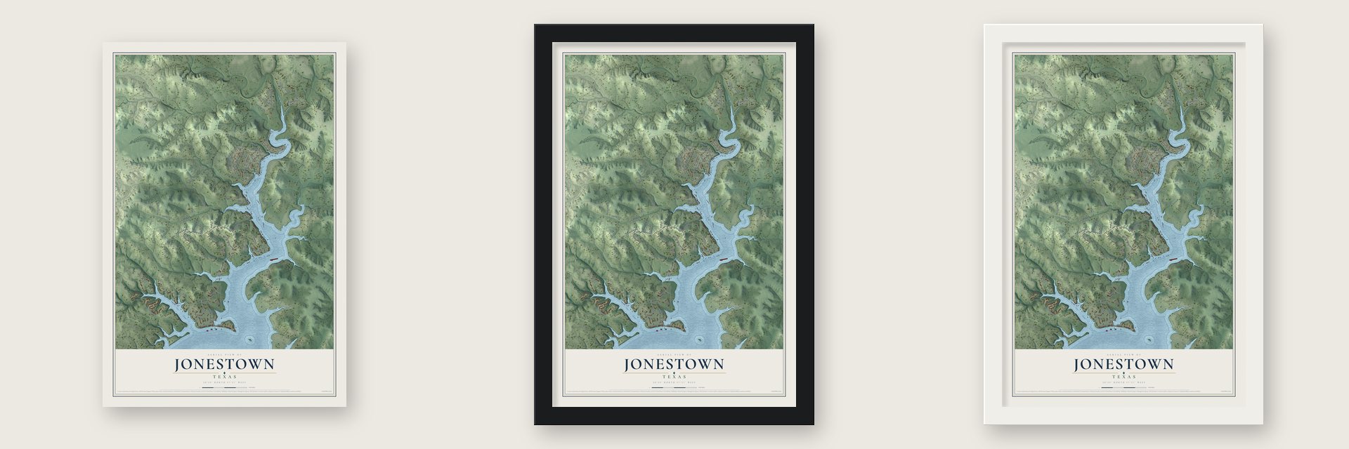 Jonestown, Texas map unframed, in a black wood frame and in a white wood frame