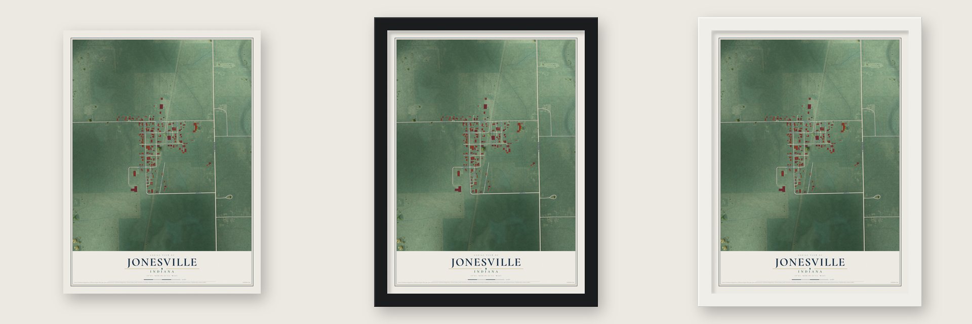 Jonesville, Indiana map unframed, in a black wood frame and in a white wood frame