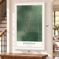 Jonesville, Indiana map, 24 x 36 inch print in a white frame by a staircase
