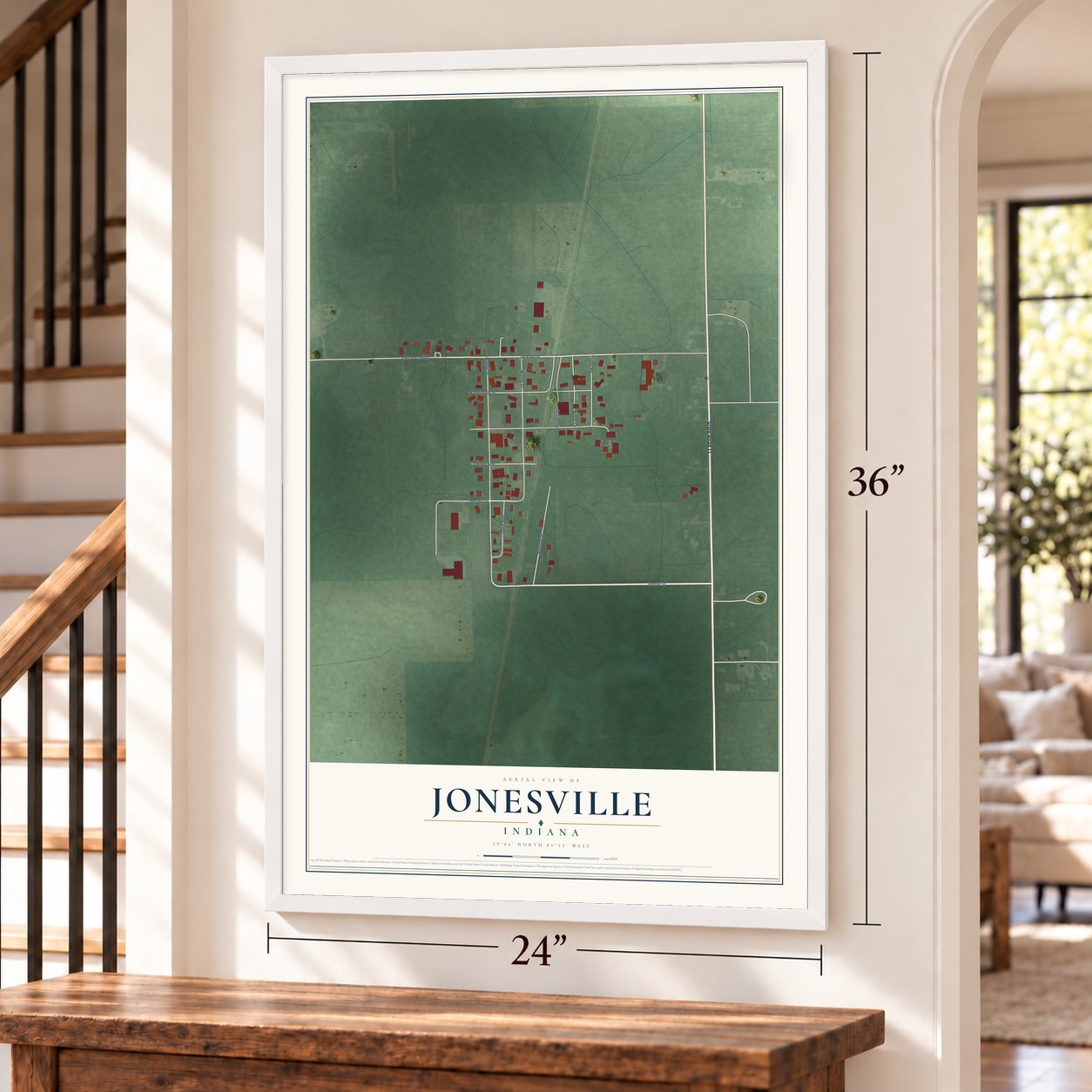 Jonesville, Indiana map, 24 x 36 inch print in a white frame by a staircase