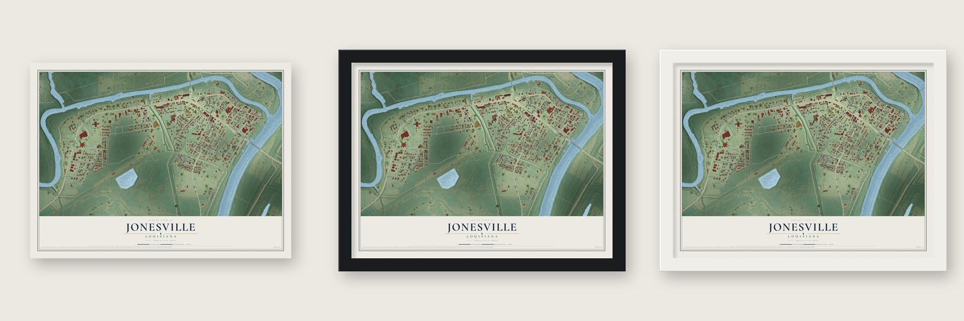 Jonesville, Louisiana map unframed, in a black wood frame and in a white wood frame