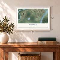 Jonesville, Louisiana map, 12 x 18 inch print in a white frame in an entryway