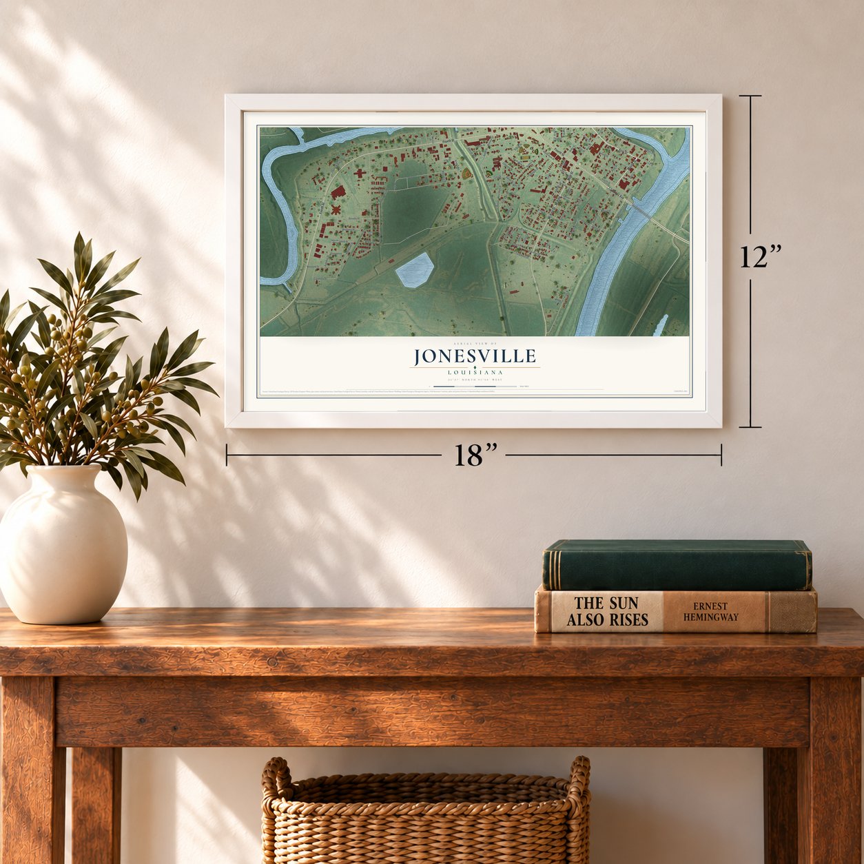 Jonesville, Louisiana map, 12 x 18 inch print in a white frame in an entryway