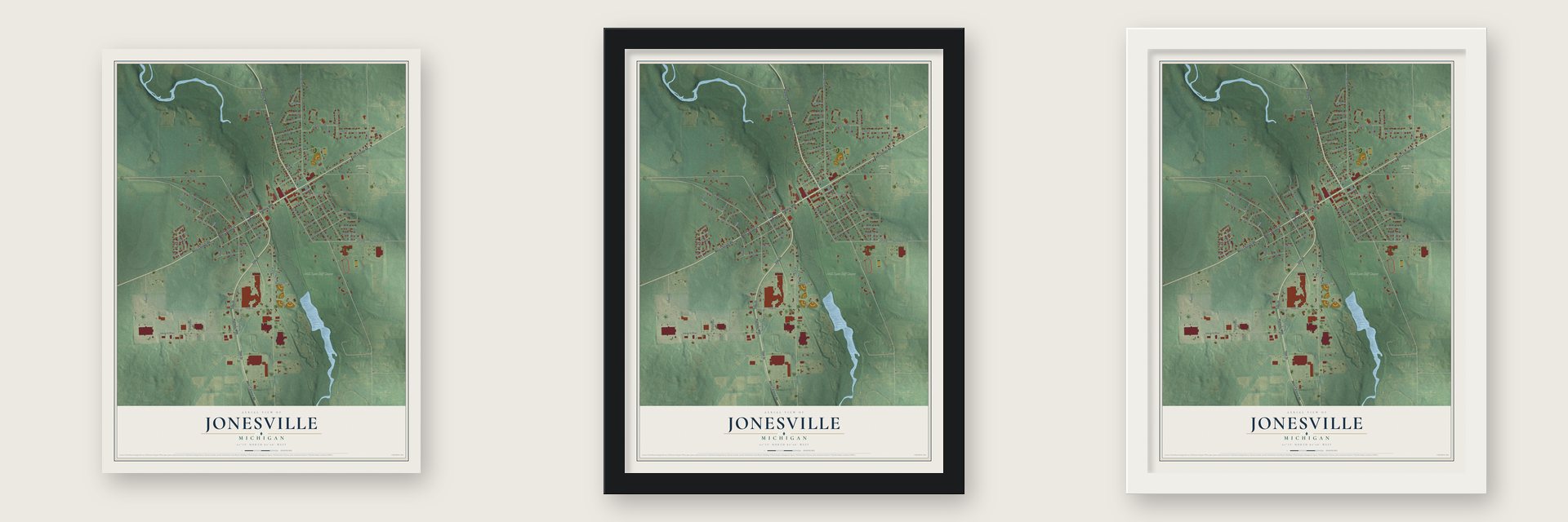 Jonesville, Michigan map unframed, in a black wood frame and in a white wood frame