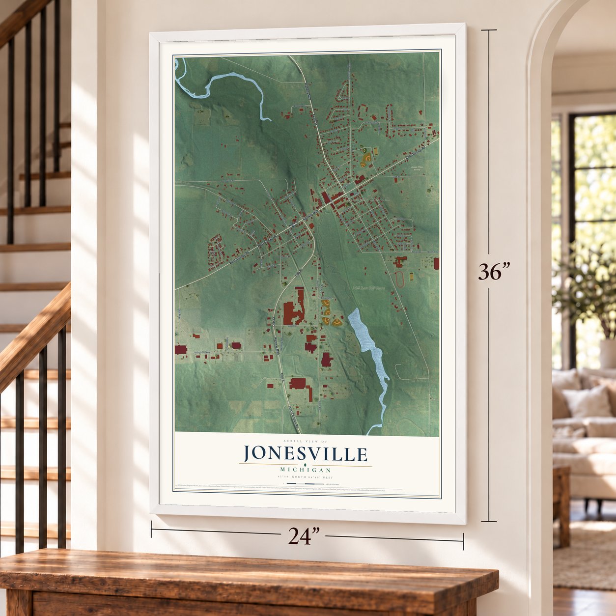 Jonesville, Michigan map, 24 x 36 inch print in a white frame by a staircase