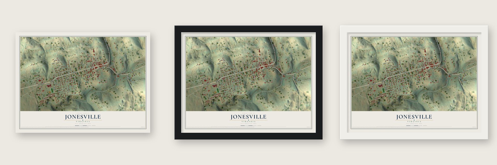 Jonesville, Virginia map unframed, in a black wood frame and in a white wood frame