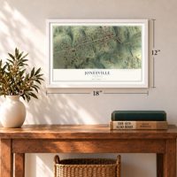 Jonesville, Virginia map, 12 x 18 inch print in a white frame in an entryway