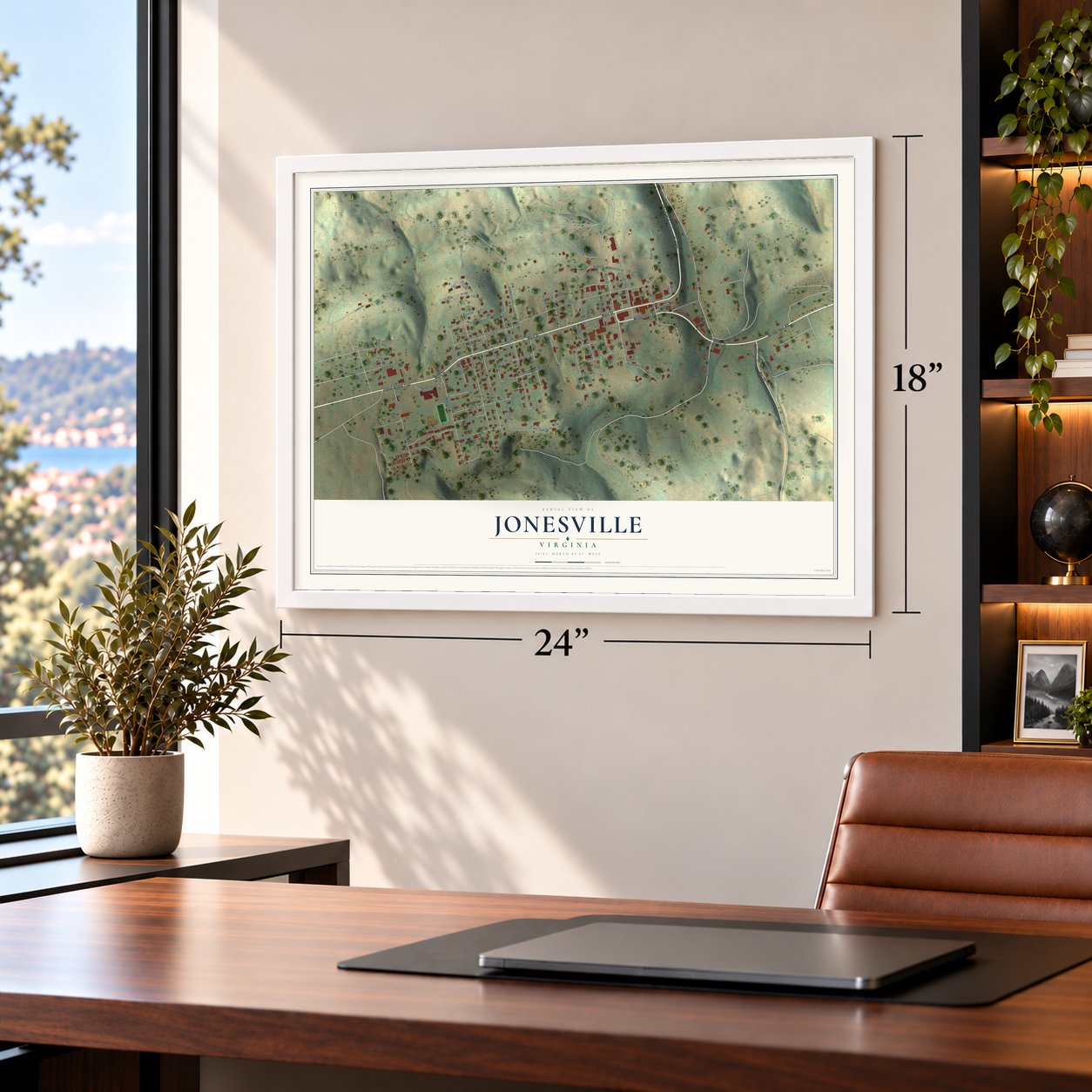 Jonesville, Virginia map, 18 x 24 inch print in a white frame in a home office