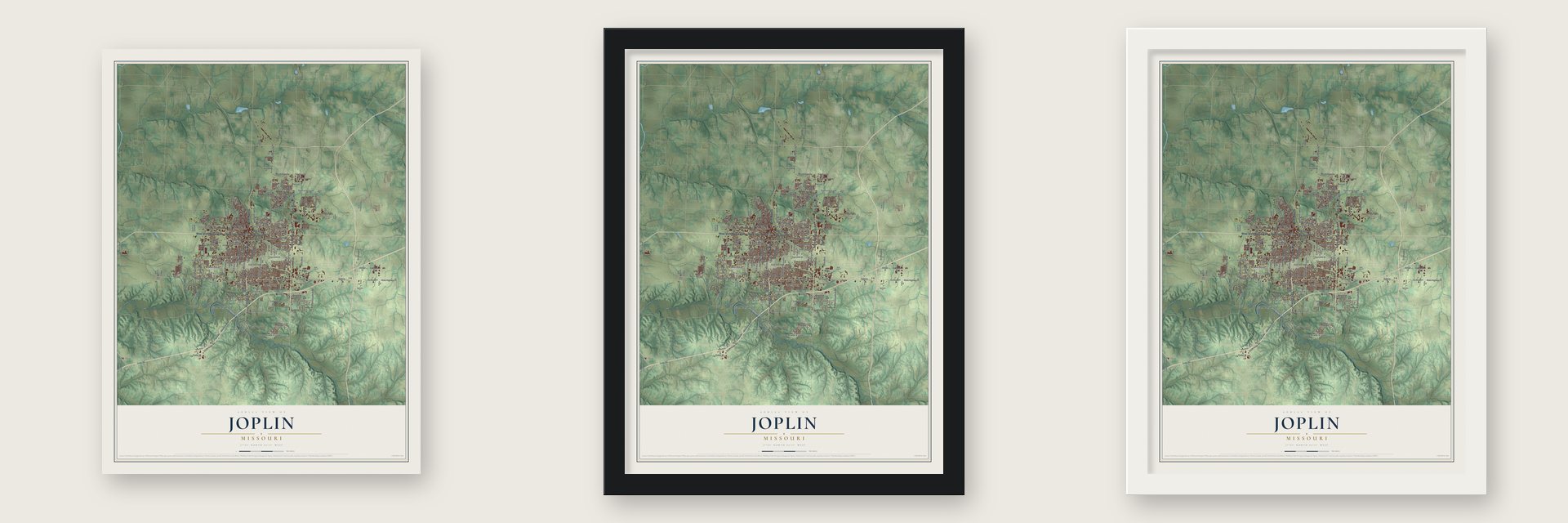 Joplin, Missouri map unframed, in a black wood frame and in a white wood frame