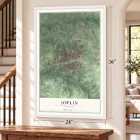 Joplin, Missouri map, 24 x 36 inch print in a white frame by a staircase