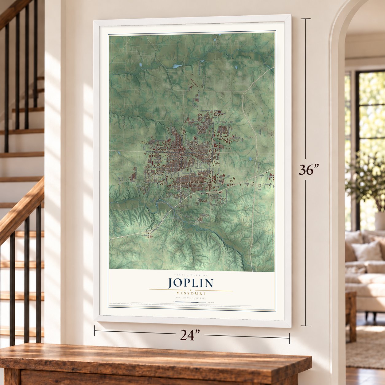 Joplin, Missouri map, 24 x 36 inch print in a white frame by a staircase