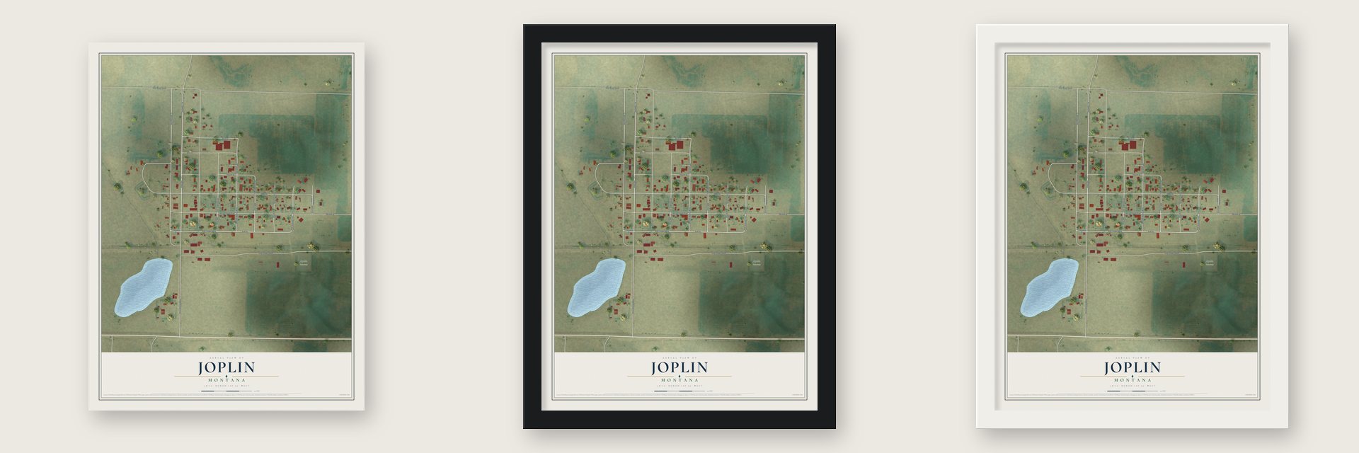 Joplin, Montana map unframed, in a black wood frame and in a white wood frame
