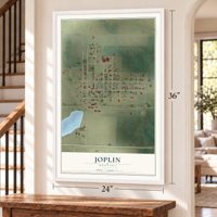 Joplin, Montana map, 24 x 36 inch print in a white frame by a staircase