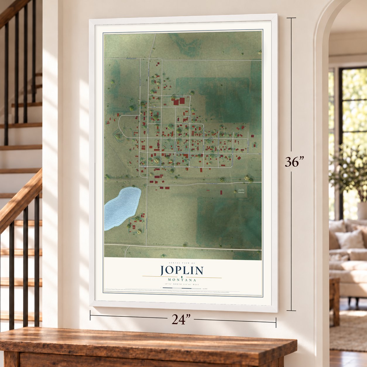 Joplin, Montana map, 24 x 36 inch print in a white frame by a staircase