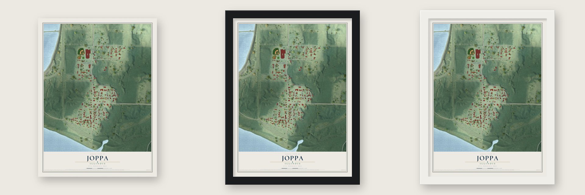 Joppa, Illinois map unframed, in a black wood frame and in a white wood frame