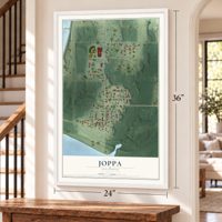 Joppa, Illinois map, 24 x 36 inch print in a white frame by a staircase