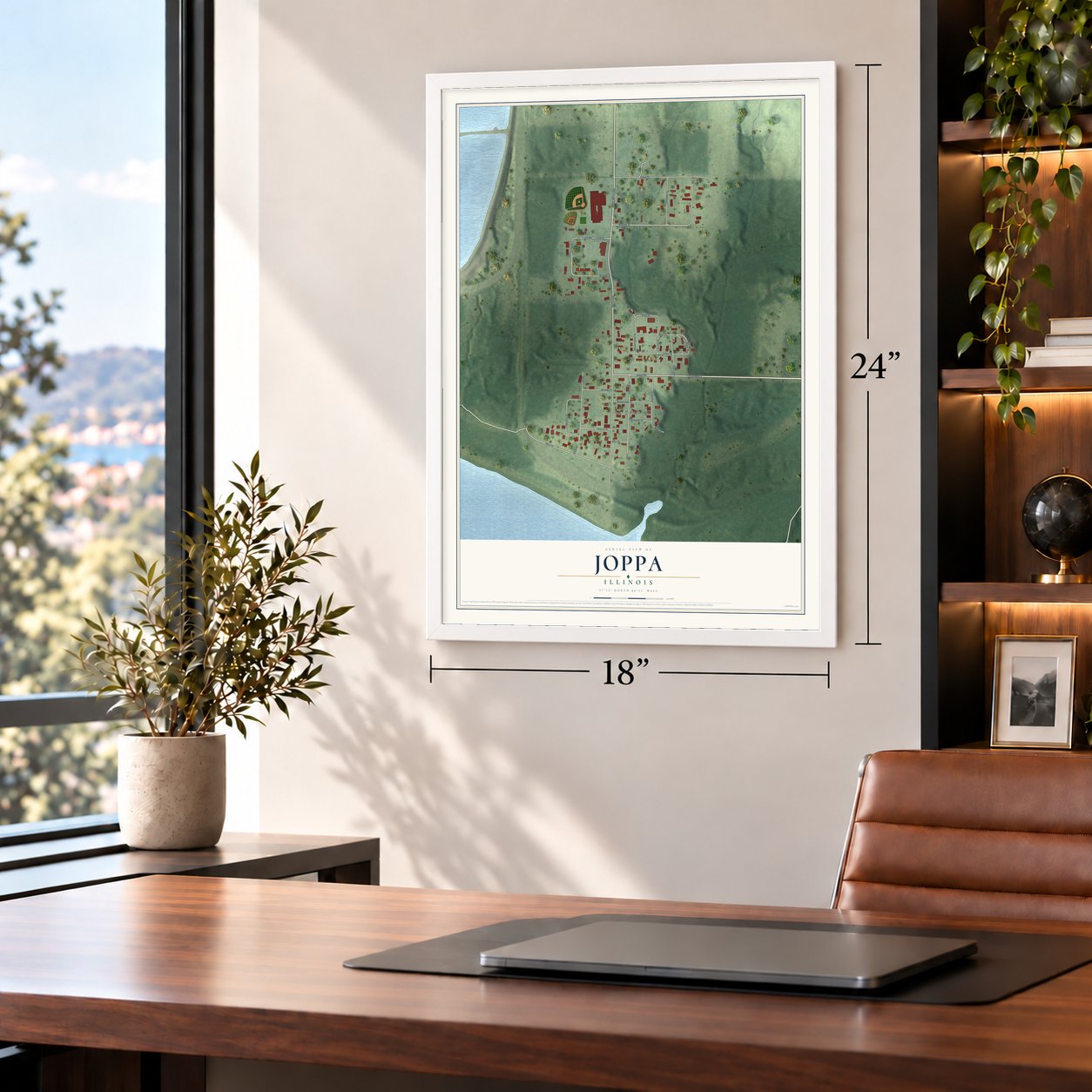 Joppa, Illinois map, 18 x 24 inch print in a white frame in a home office