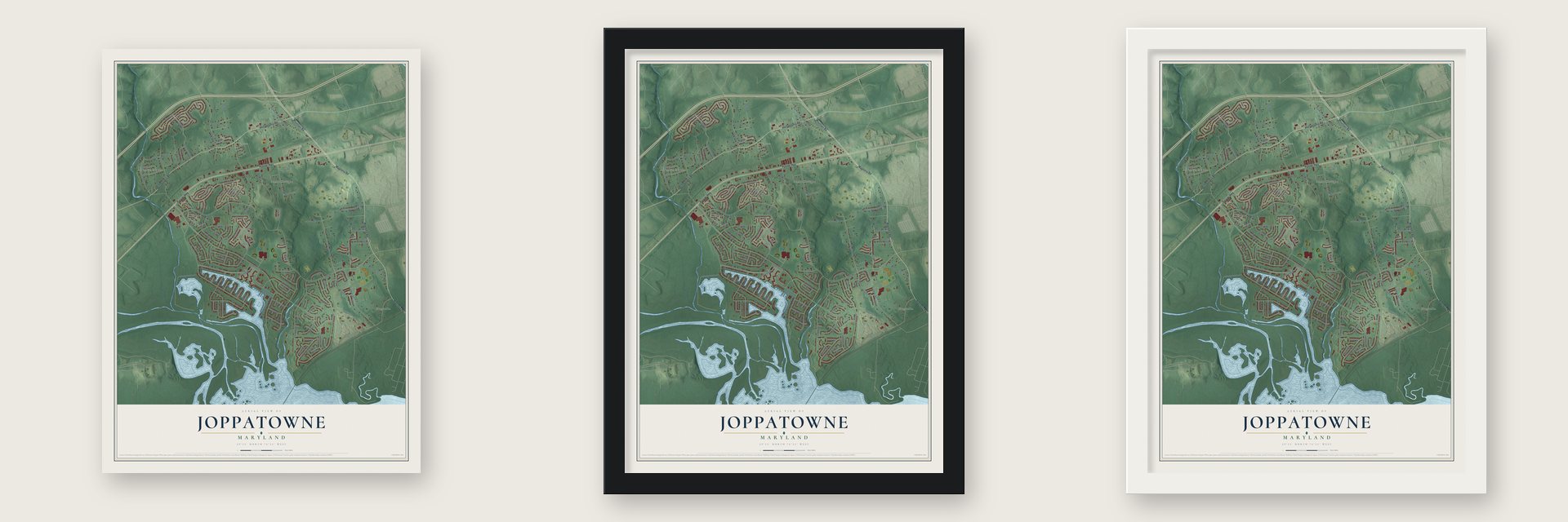 Joppatowne, Maryland map unframed, in a black wood frame and in a white wood frame