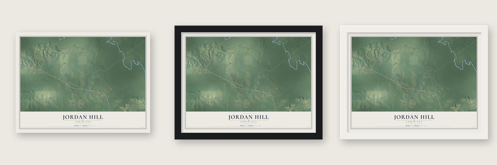 Jordan Hill, Louisiana map unframed, in a black wood frame and in a white wood frame