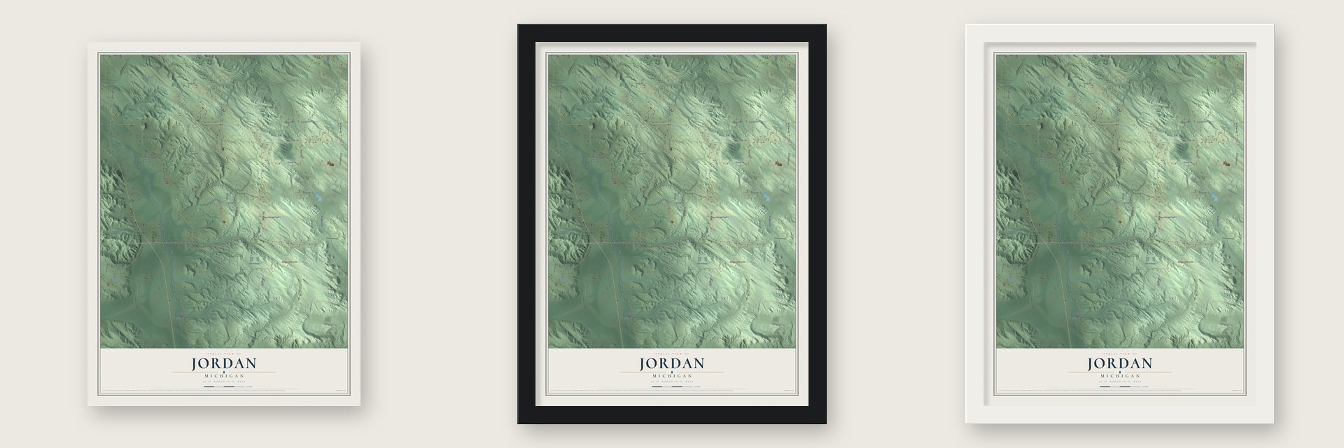 Jordan, Michigan map unframed, in a black wood frame and in a white wood frame
