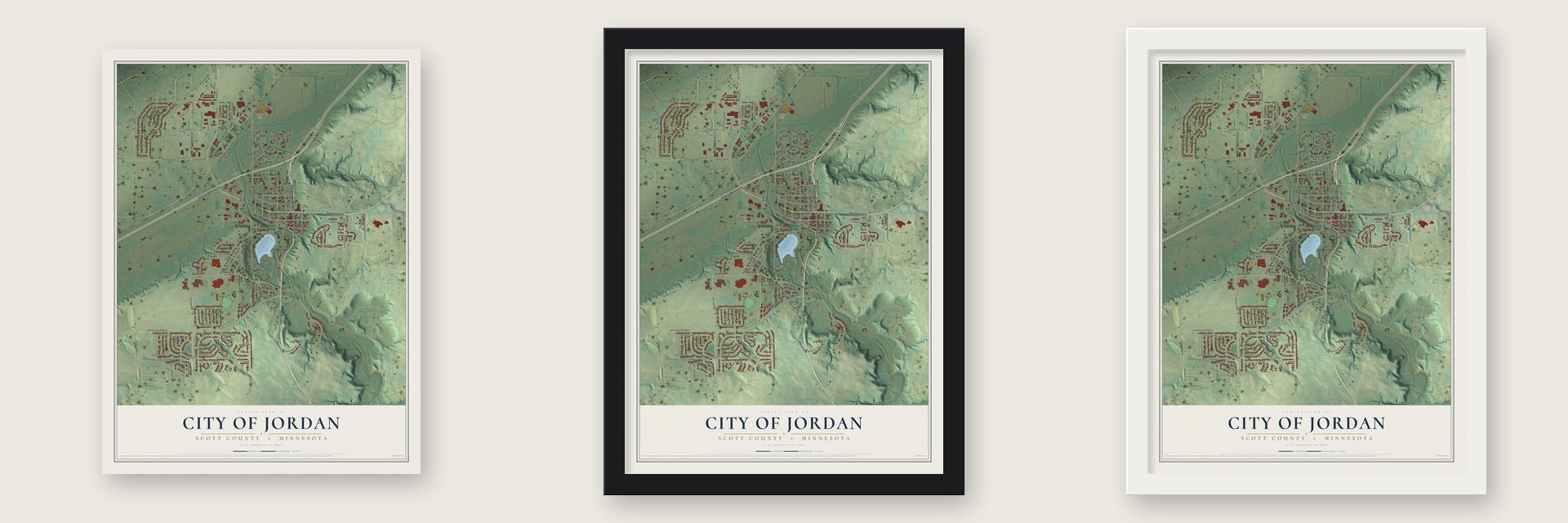 Jordan, Minnesota map unframed, in a black wood frame and in a white wood frame